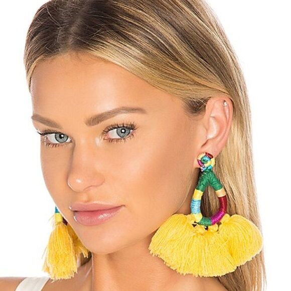 NWT Mochi Hallu Statement Tassel Woven Yellow Boho Fringe Crochet Big Earrings - Picture 1 of 14
